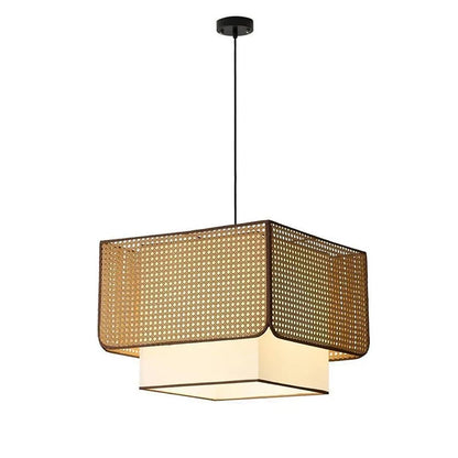 Rustic Retro Rattan Restaurant pandent light Wabi Sabi E27 Led square Chandelier Coffee Table Dining Table Decor Fixtures