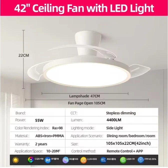 Modern Invisible LED Ceiling Fan with Light Large Air Volume 3 folding blades for Bedroom Dining room Electric fan AC220V