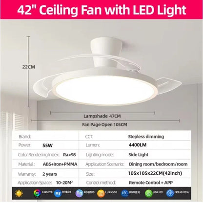 Modern Invisible LED Ceiling Fan with Light Large Air Volume 3 folding blades for Bedroom Dining room Electric fan AC220V