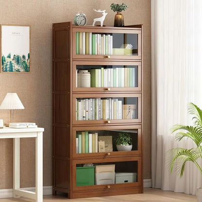 Modern Bamboo Bookshelf Storage Cabinet with Flip Doors 4/5/6 Tier Bookcase for Living Room Bedroom Office
