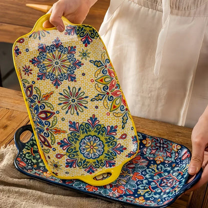 1pc Bohemian style ceramic fish dish with handle: 12.8-inch rectangular dining table tray, suitable for microwave and oven