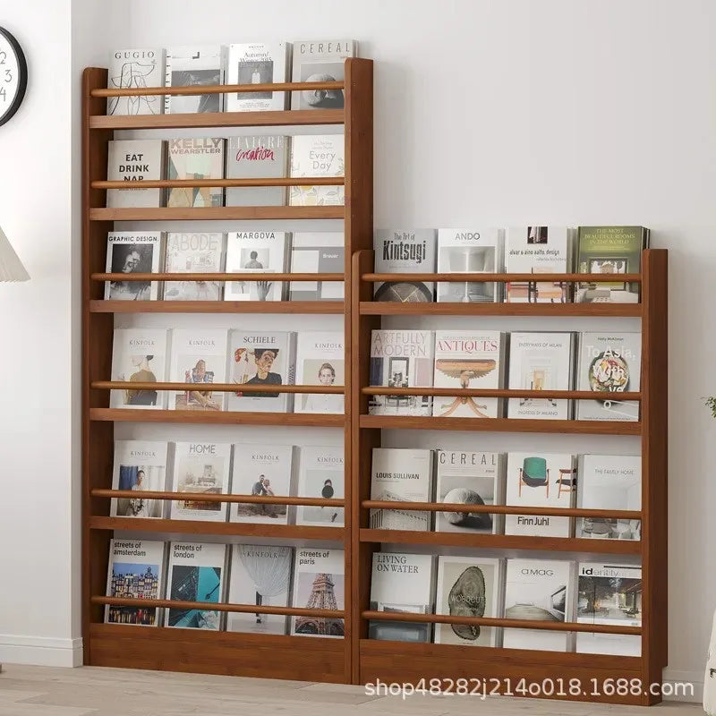 Behind the door, there is a small bookshelf, a multi-layer solid wood ultra-thin bookcase, a newspaper rack, a narrow slit child