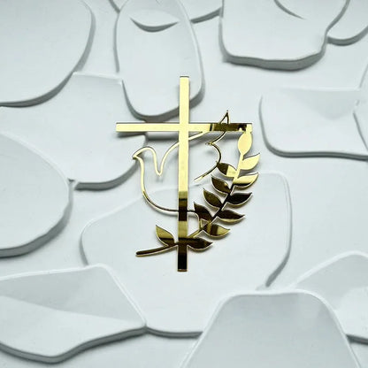 Ins Cross Christ Birthday Cake Topper Gold Acrylic Dove Cross for Eucharist Baby Baptism Party Cake Toppers Dessert Decoration