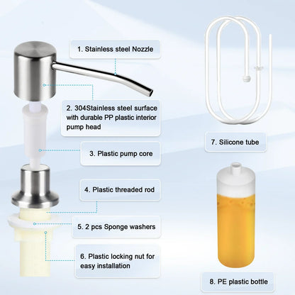 Stainless Steel Press Head Soap Dispenser for Kitchen Sink Soap Dispenser Extension Tube kit Under Sink Soap Dispenser Pump