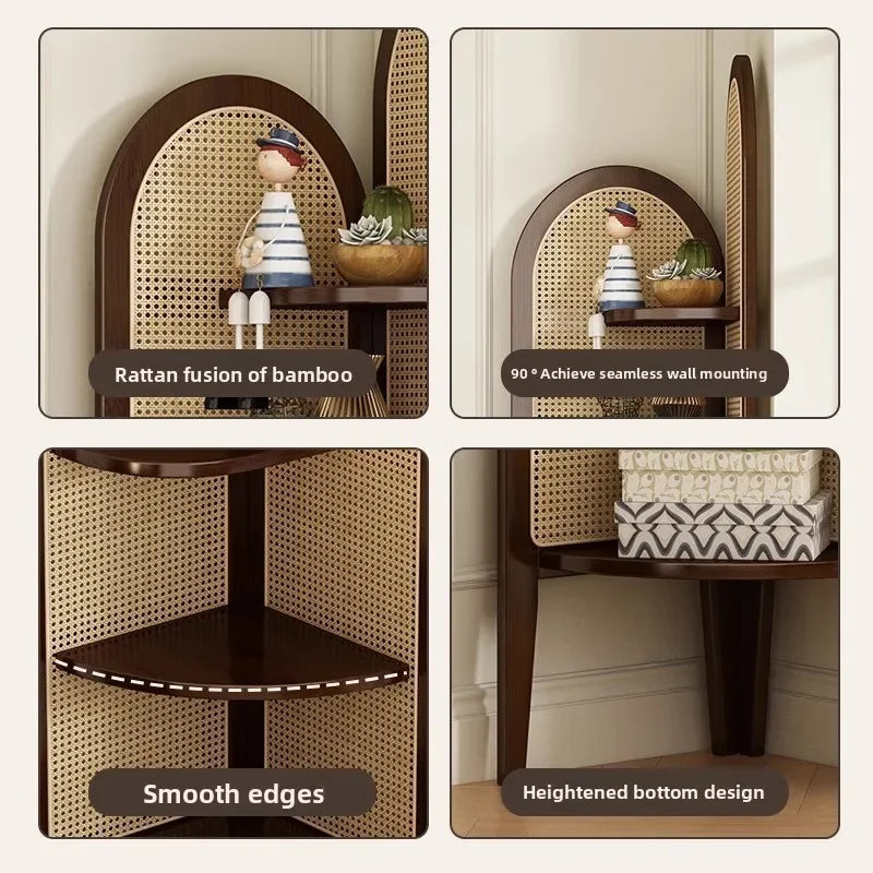 Retro bookshelf triangular corner cabinet rattan weaving living room screen partition study storage bedroom corner cabinet