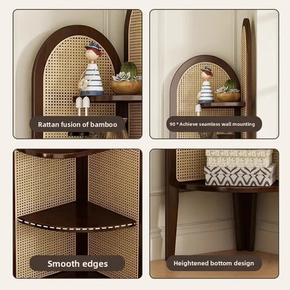 Retro bookshelf triangular corner cabinet rattan weaving living room screen partition study storage bedroom corner cabinet