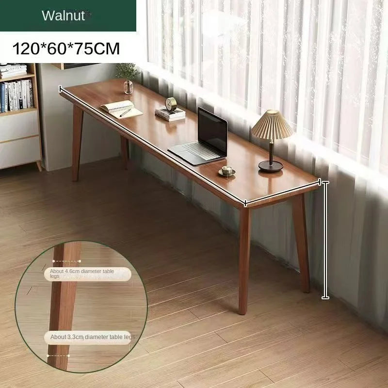 Double desk with solid wood legs, long and simple, for home use, near a window or wall, narrow table/workbench