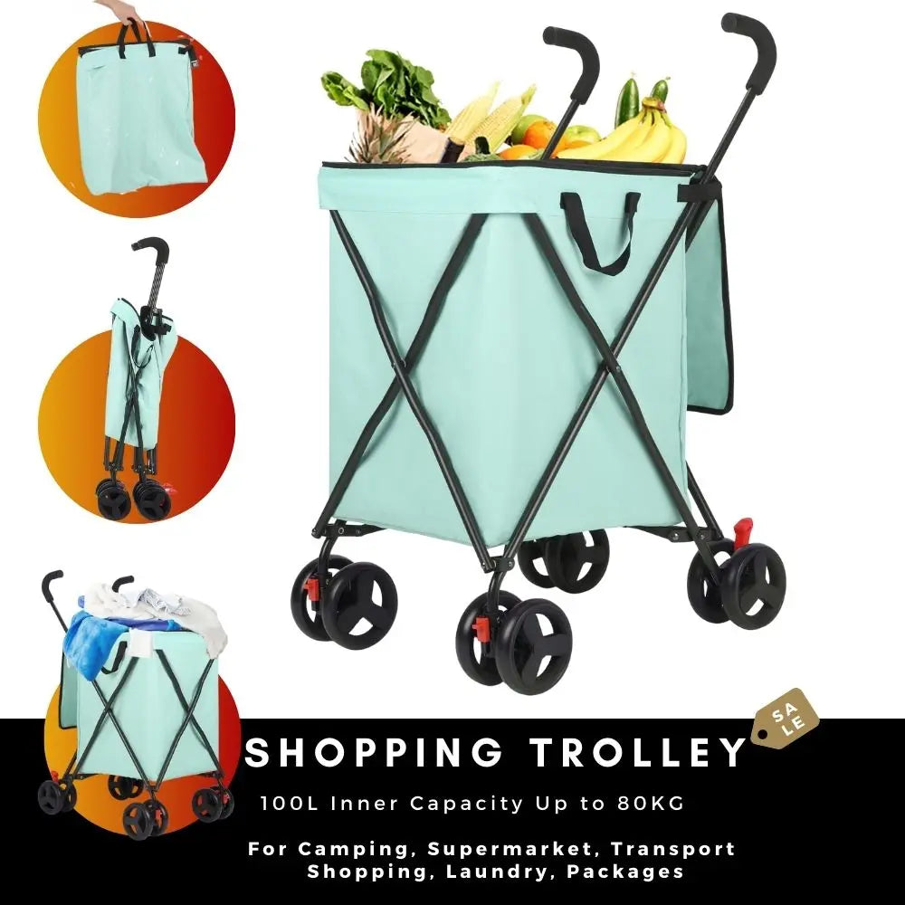 Foldable Shopping Cart, 100L Capacity, 80kg Load, Detachable Washable Bag, Compact Grocery Cart for Supermarket & Urban Use