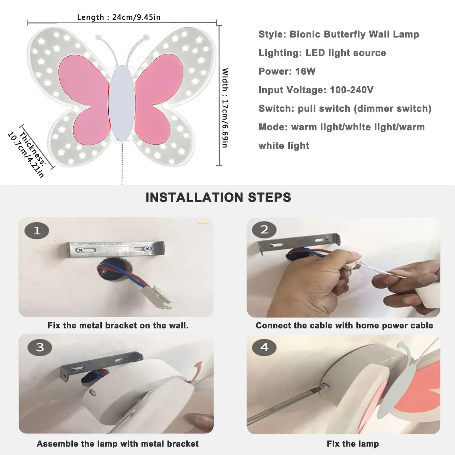Creativity Butterfly Children's Room Wall Lamp Pink Pull Switch Wall Sconces Indoor Bedside Room Aisle Decorative Lights