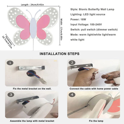 Creativity Butterfly Children's Room Wall Lamp Pink Pull Switch Wall Sconces Indoor Bedside Room Aisle Decorative Lights