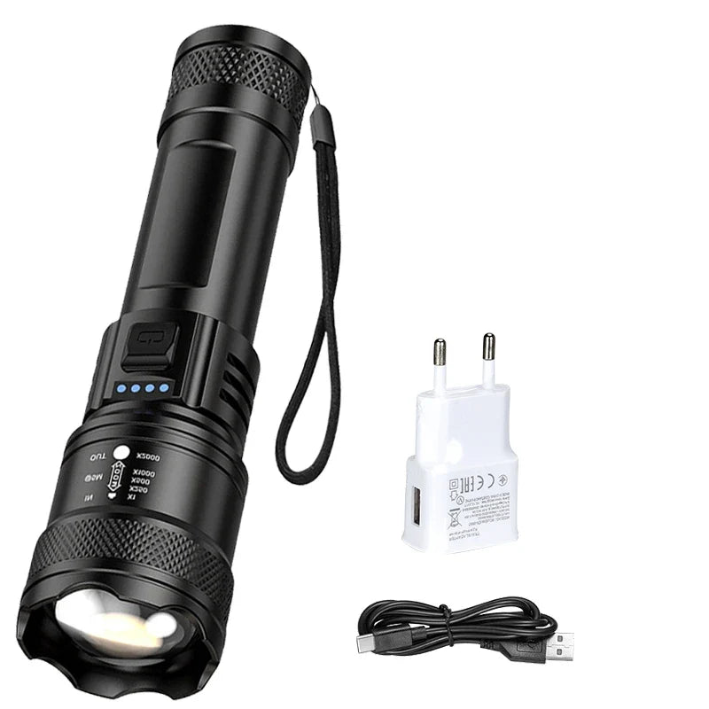 Super Bright Flashlight USB Rechargeable LED Long Range Tactical Torch Outdoor Waterproof Emergency Camping Fishing Lantern