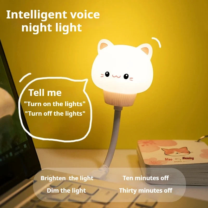 USB Night Light LED Voice Control Cute Cartoon Night Lamp Bear Kitten Remote Control for Baby Kid Bedroom Decor Bedside Lamp