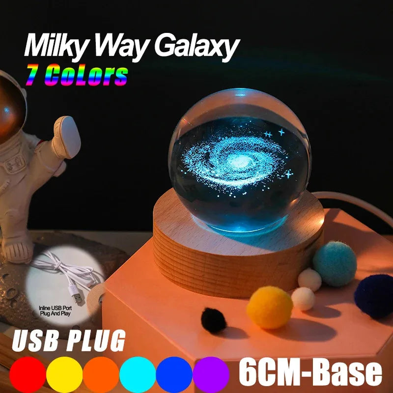 3D Crystal Lights Lamp RGB Glowing Planetary Galaxy Night Light Crystal Ball Night Lights Bedside Home Decor Christmas Gift