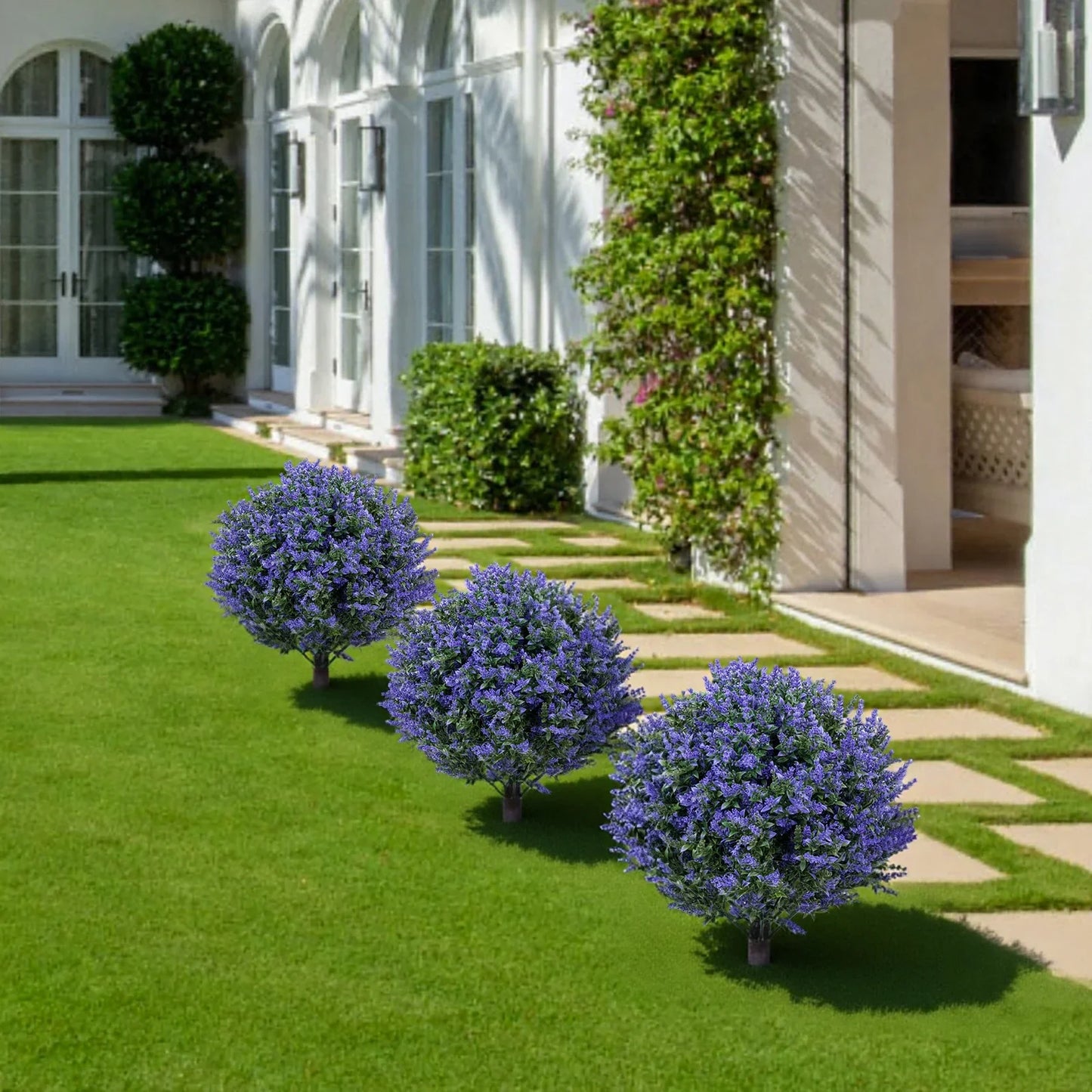 2PCS Artificial Bushes Oak Violet Ball Topiary with Peak Soil UV Resistant Ornamental Plants for Garden Terrace Balcony Decor