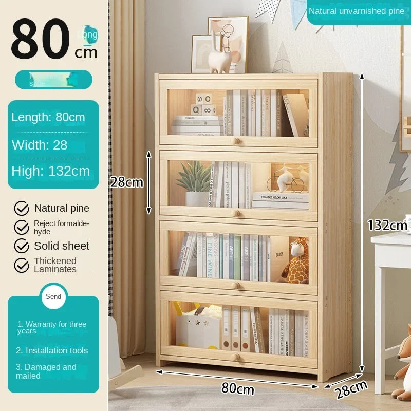 Solid wood bookcase with door transparent dustproof cabinet multi-layer floor-standing bookshelf home simple storage rack