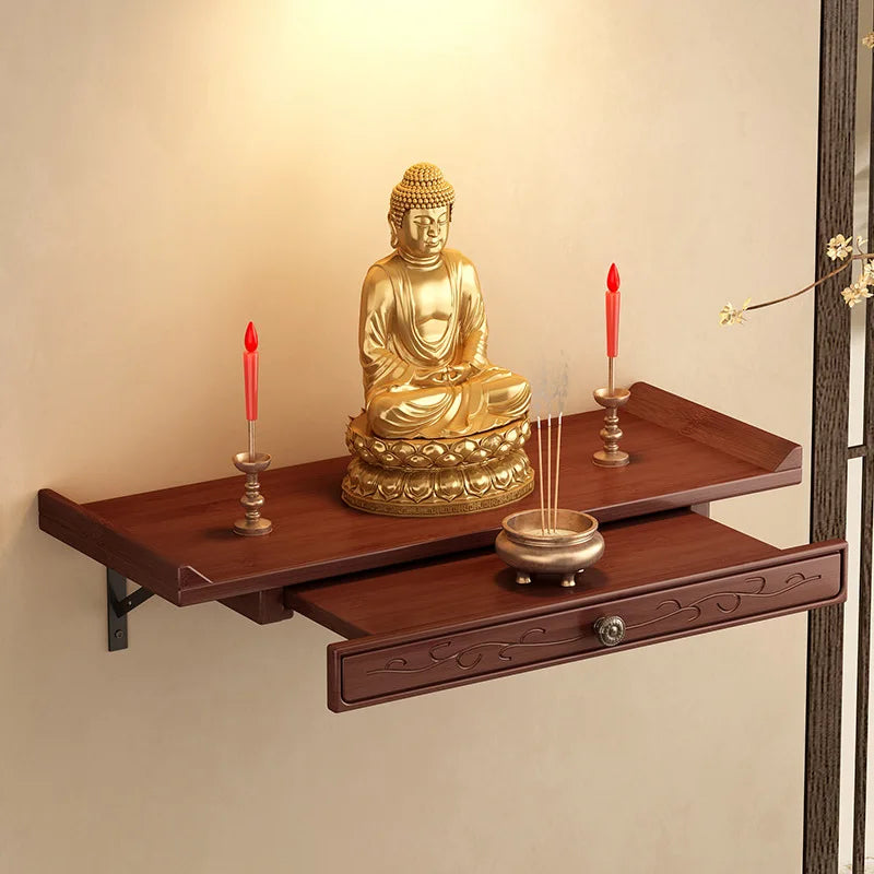 Buddha niche wall-mounted God of Wealth shrine non-solid wood Bodhisattva offering base incense burner storage shelf