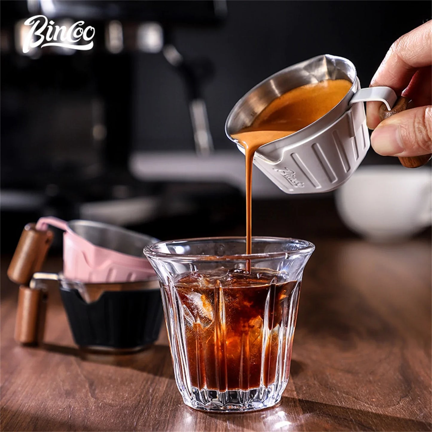 Bincoo Professional Espresso Measuring Cup, 90ml Dual Spout with Wood Handle and ml/oz Scales for Barista-Level Control