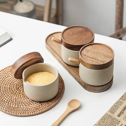 JUSTINLAU Ceramic Seasoning Jar Japanese Spice Container with Bamboo Lid Spoon Home Oil Pot Seasoning Bottle Tray Kitchen Tools