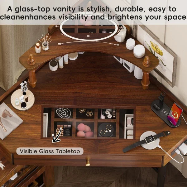 Vanity Desk Set with Storage Cushioned Stool and Charging Station, Triangle Makeup Desk with