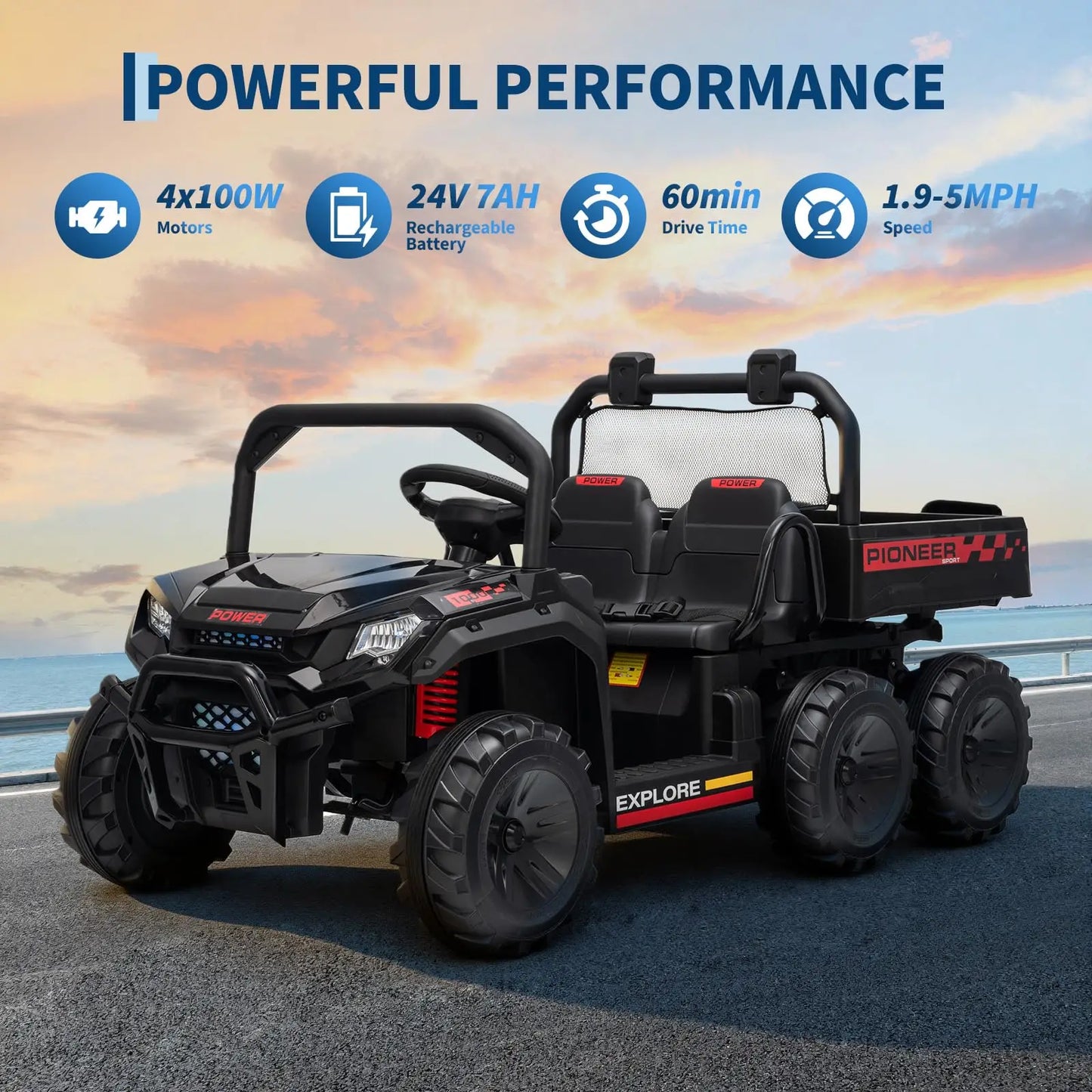 24V 4WD Electric Ride-on Dump Truck For Kids 2-Seater With Parental Remote Control 3 Speeds All-Terrain Off-Road Toy Car