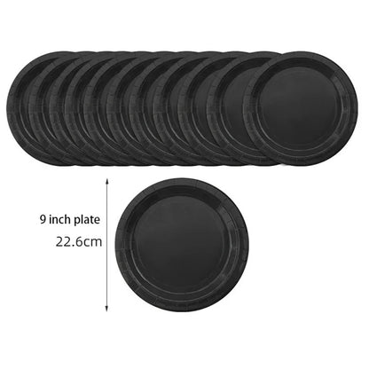 Disposable Tableware Solid Black Theme Birthday Party Paper Napkins Cups Plates Tablecloths Knife Fork Spoon Party Decorations