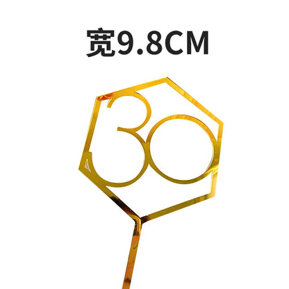 Numbers18-60 Happy Birthday Cake Topper Gold Silver Hexagonal Acrylic Anniversary Party Cupcake Topper Cakes Dessert Decoration