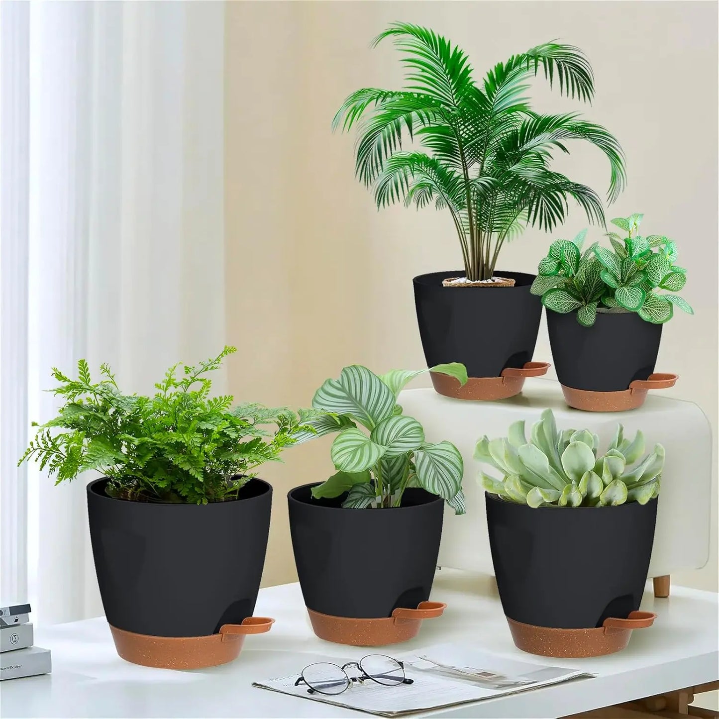 5-Pack Self-Watering Plant Pots with Drainage, 7/6.5/6/5.5/5 Inch, Indoor Outdoor Plastic Flower Pots for Succulents Herbs