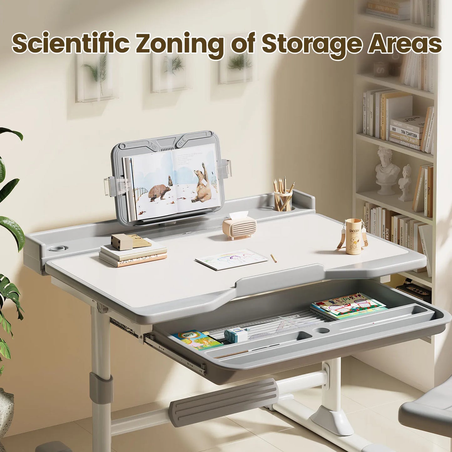 Functional Desk and Chair Set, Height Adjustable Study Desk with Tilt Desktop, Bookstand, Storage Drawer
