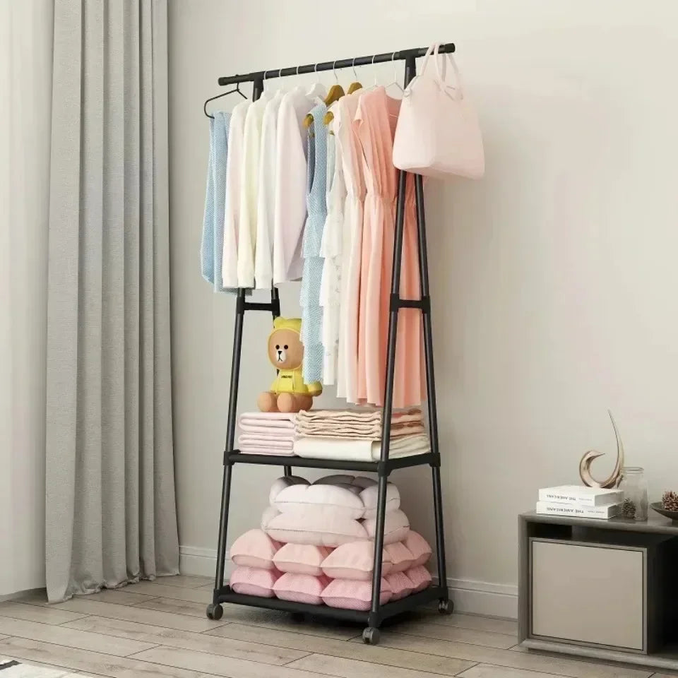Multifunctional Storage Floor Standing Clothes Rack Simple Mobile Drying Rack Dormitory Space-saving Household Garment Organizer