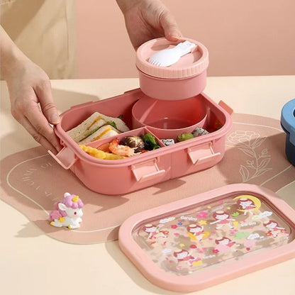 1000/1350ml Portable Cartoon Bento Box with Soup Bowl  Lunch Box Buckle Design Sealed Leak-proof Picnic Food Storage Container