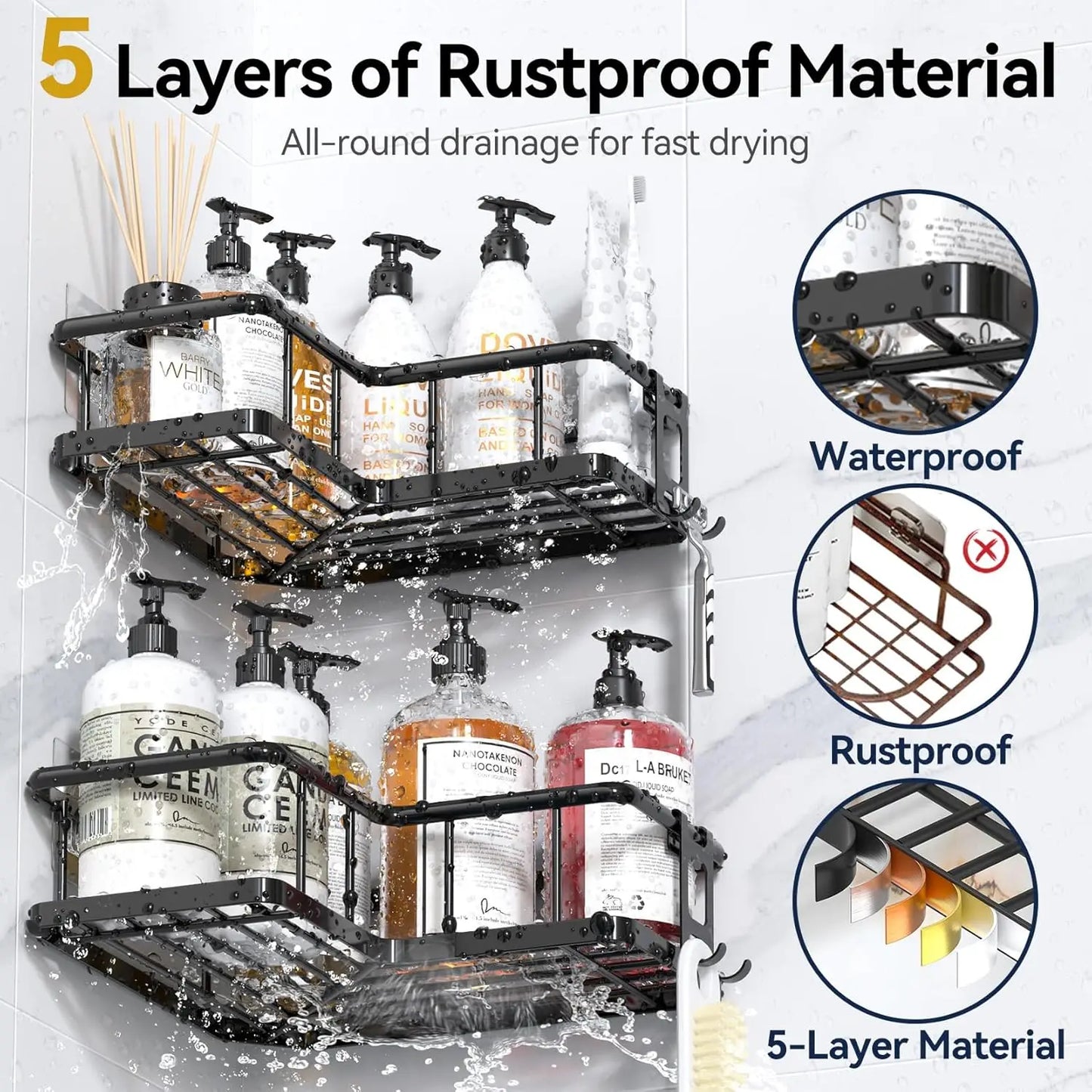 3-Pack Adhesive Rustproof Stainless Steel Shower Shelves with Soap Holder, No Drilling Corner Organizer for Bathroom, Black