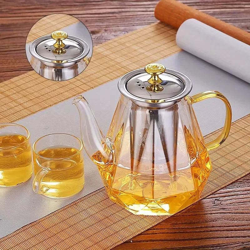 JUSTINLAU Glass Teapot Heat Resistant Borosilicate Clear Diamond Tea Kettles with Removable Stainless Steel Infuser Teaware Set
