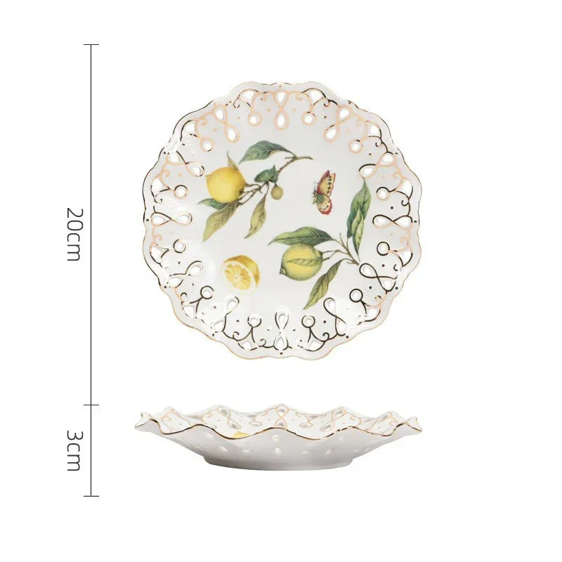 Europeanc Style Ceramic Dining Plate Elegant Lemon Pattern Dinner Steak Plate Coffee Cup Set Western Cuisine Dessert Plate