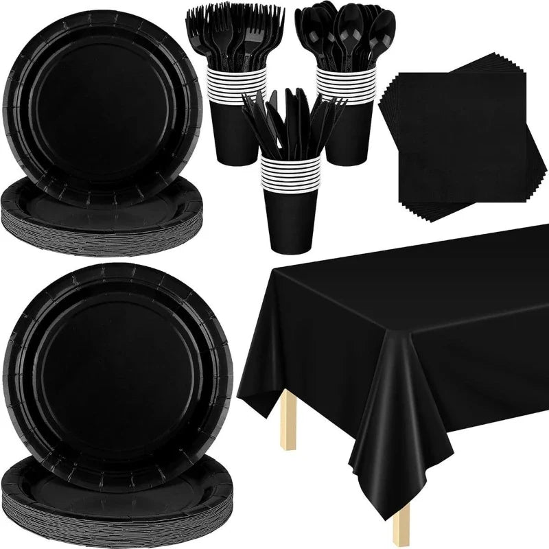 Disposable Tableware Solid Black Theme Birthday Party Paper Napkins Cups Plates Tablecloths Knife Fork Spoon Party Decorations