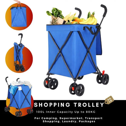 Foldable Shopping Cart, 100L Capacity, 80kg Load, Detachable Washable Bag, Compact Grocery Cart for Supermarket & Urban Use
