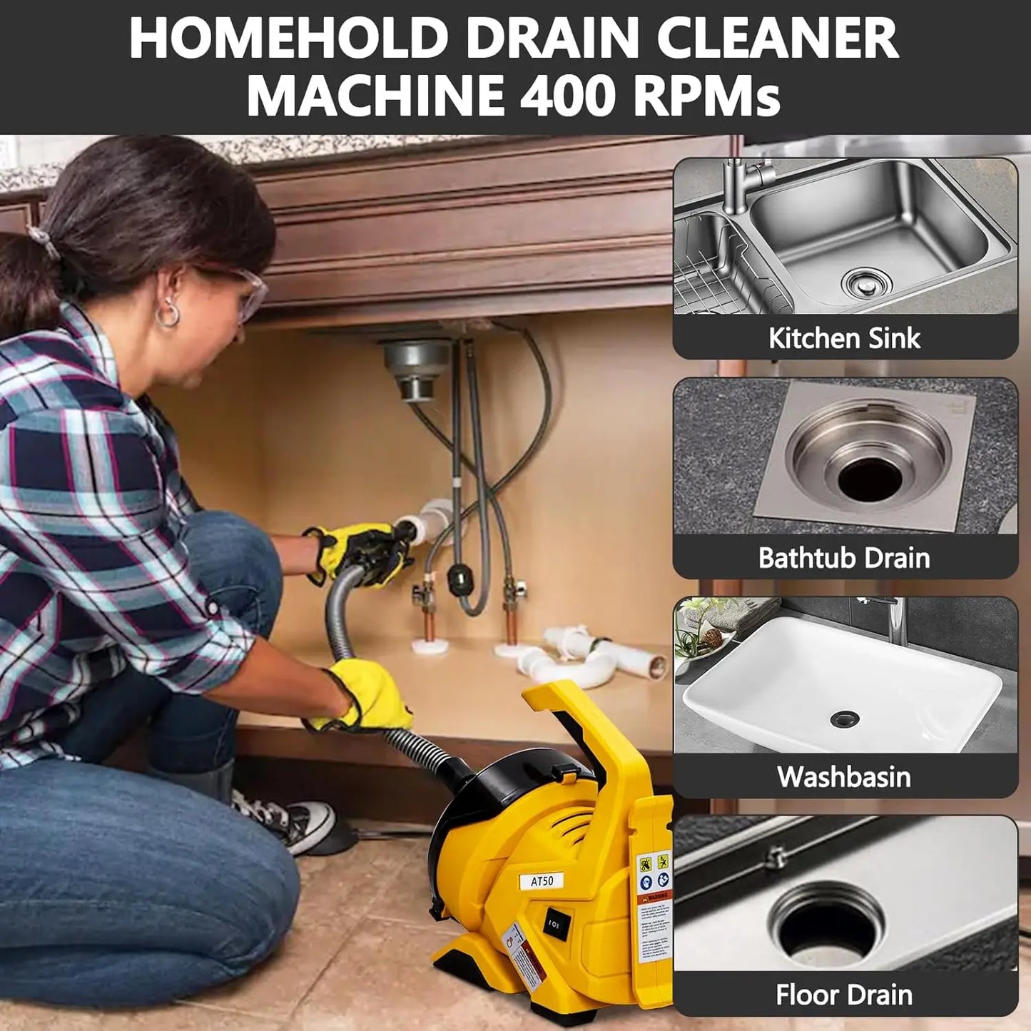 30FT Electric Drain Cleaner Machine Auto-Feed Drain Auger for 3/4" to 2" Pipes Sewer Snake for Sinks, Toilets, Floor Drains