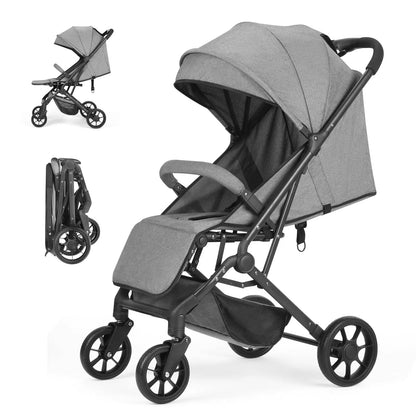 Lightweight Stroller, One-Hand Fold Compact Travel Stroller with 4-Wheel Suspension, Adjustable Recline & Canopy