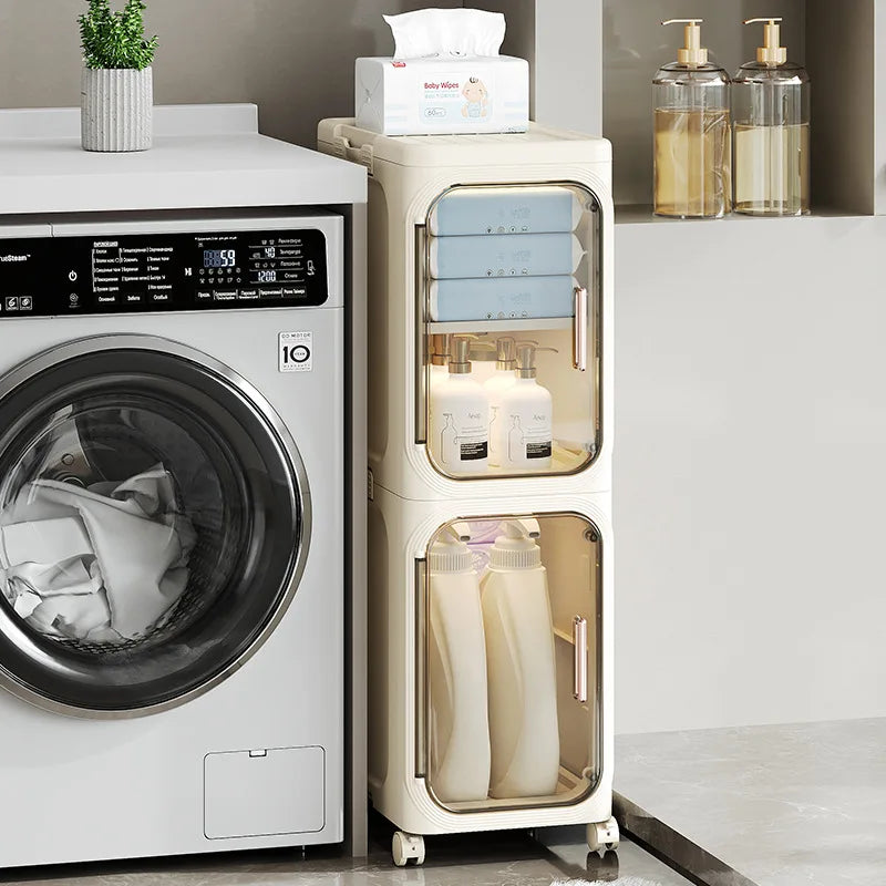 Household bathroom narrow seam storage cabinet, multifunctional foldable with wheels, dust-proof and crevice storage cabinet