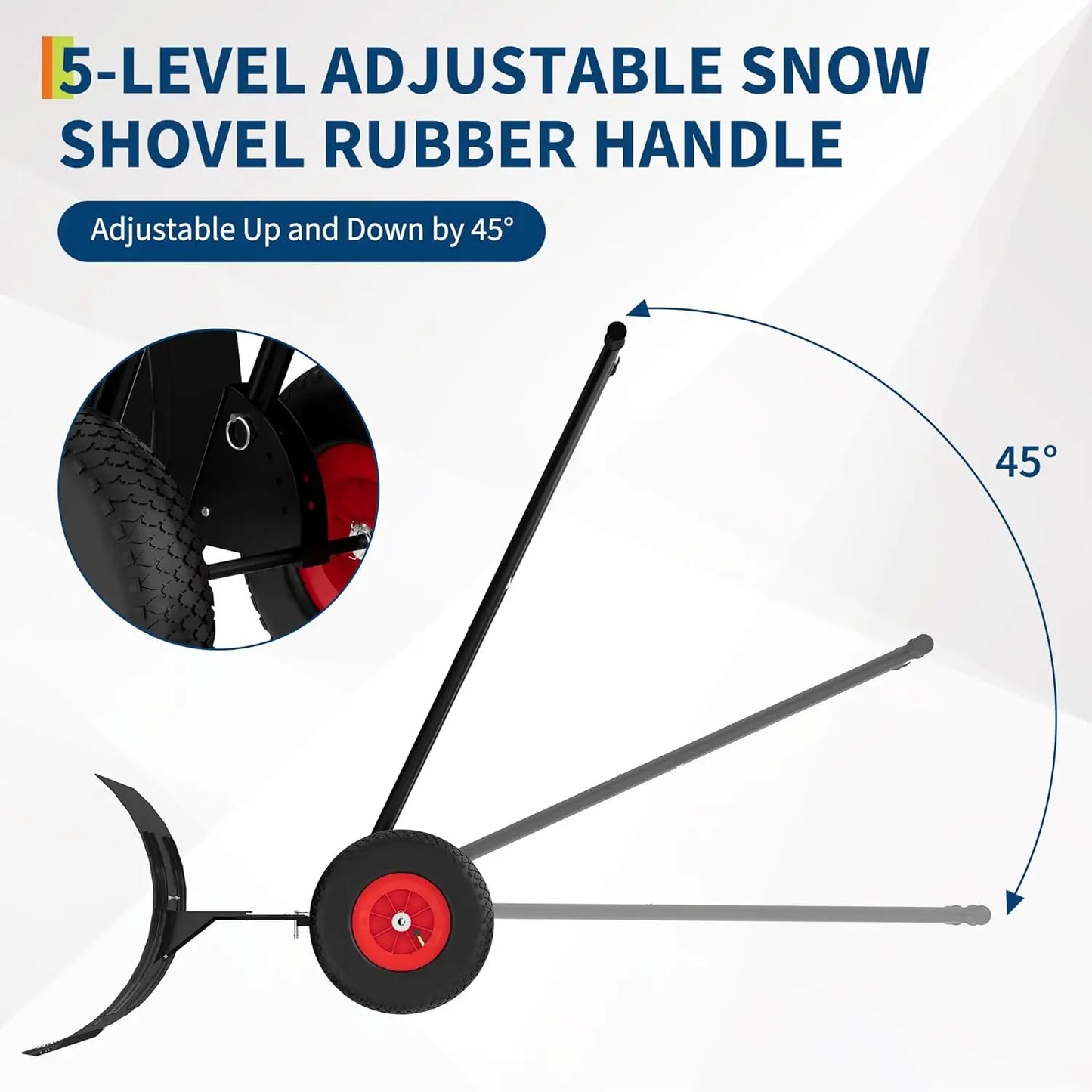 Heavy Duty Rolling Snow Shovel with Wheels 100x42cm Carbon Steel Blade 5-Position Adjustable Angled Blade & Height Handle
