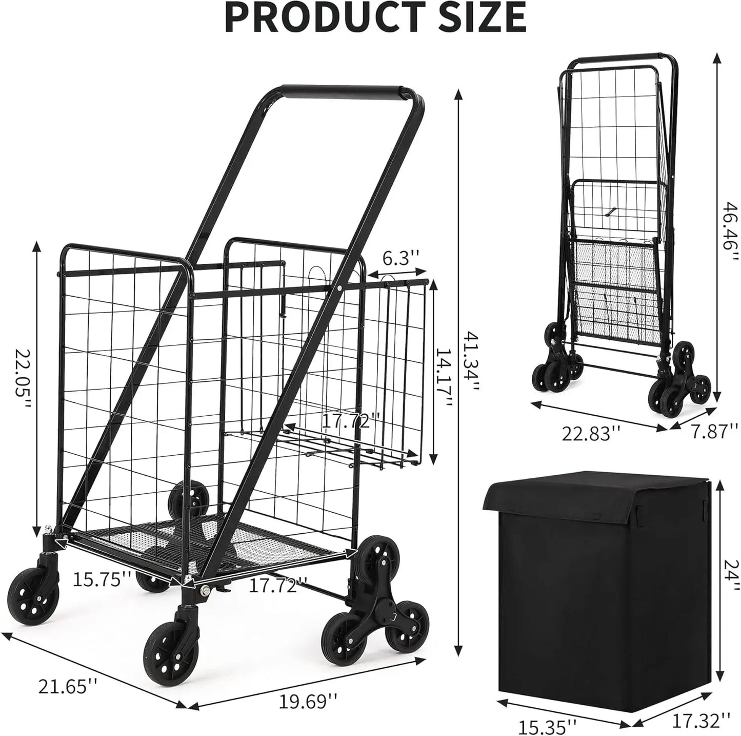 Portable Collapsible Folding Utility Cart Stair Climbing Grocery Cart Featuring Rear Tri-Wheels 360° Swivel Wheels for Grocery