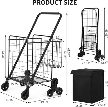 Portable Collapsible Folding Utility Cart Stair Climbing Grocery Cart Featuring Rear Tri-Wheels 360° Swivel Wheels for Grocery