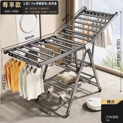 Folding clothes rack home movable balcony bedroom clothes rack clothes rod telescopic clothes rack