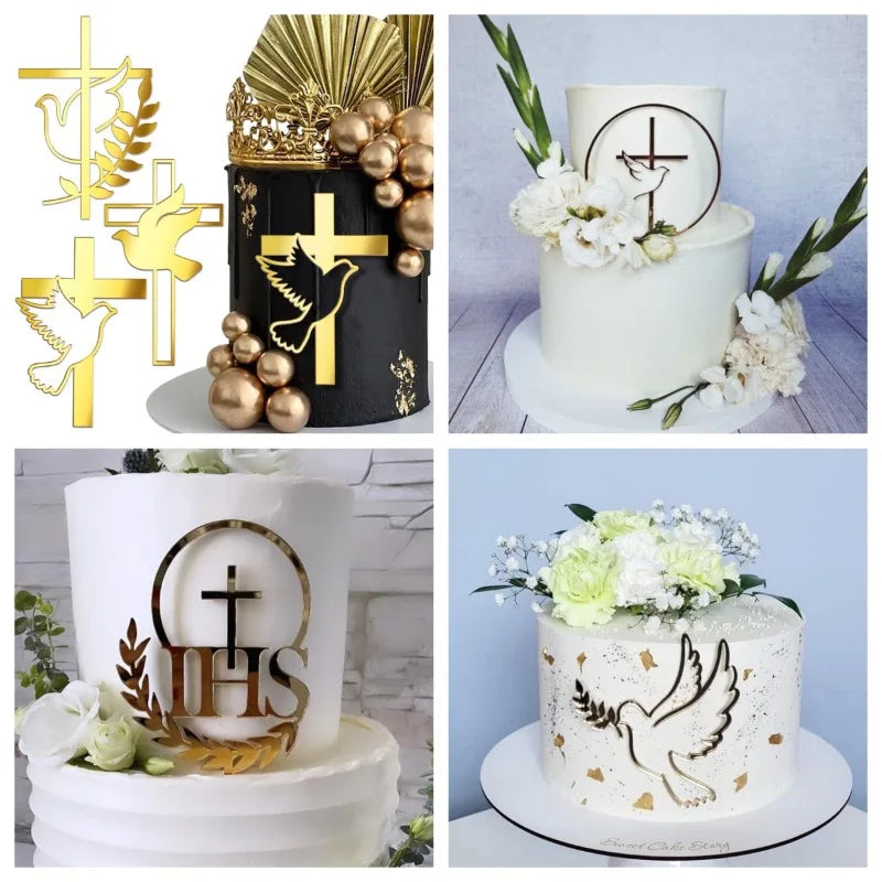 Ins Cross Christ Birthday Cake Topper Gold Acrylic Dove Cross for Eucharist Baby Baptism Party Cake Toppers Dessert Decoration