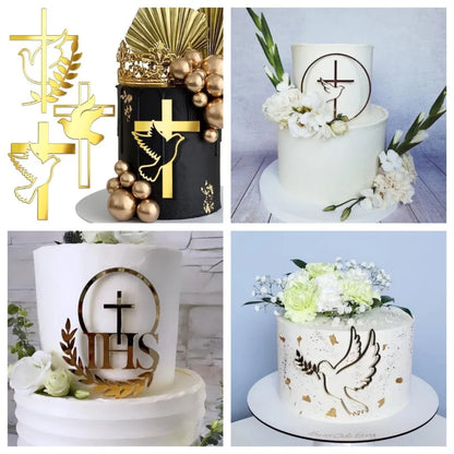 Ins Cross Christ Birthday Cake Topper Gold Acrylic Dove Cross for Eucharist Baby Baptism Party Cake Toppers Dessert Decoration