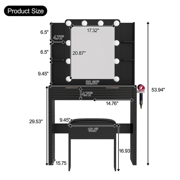 Makeup Vanity Desk with 10 Bulbs, Fluted Dressing Table with Charging Station, 2 Drawers and 4 Open