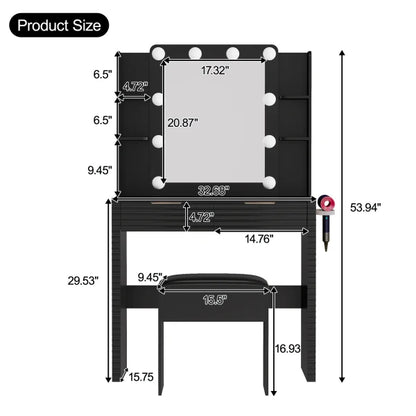 Makeup Vanity Desk with 10 Bulbs, Fluted Dressing Table with Charging Station, 2 Drawers and 4 Open