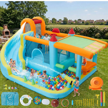 14x10FT Inflatable Bounce House 12-In-1 Wet Dry Water Slide With 450W Blower Kids Jumping Castle For Indoor Outdoor Backyard