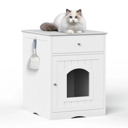Wooden Cat Litter Box Enclosure with Drawer Pet House Indoor Cat Crate Nightstand Side Table Pet Furniture
