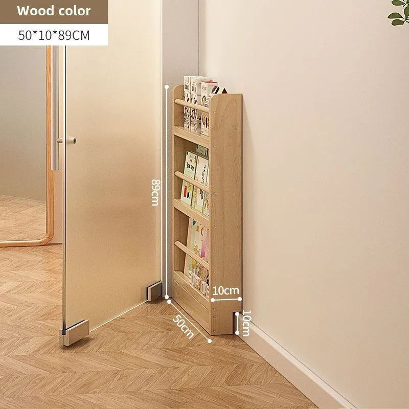 Solid wood bookshelf, floor standing wall mounted multi-layer storage rack, household bookshelf, thin bookshelf behind the door