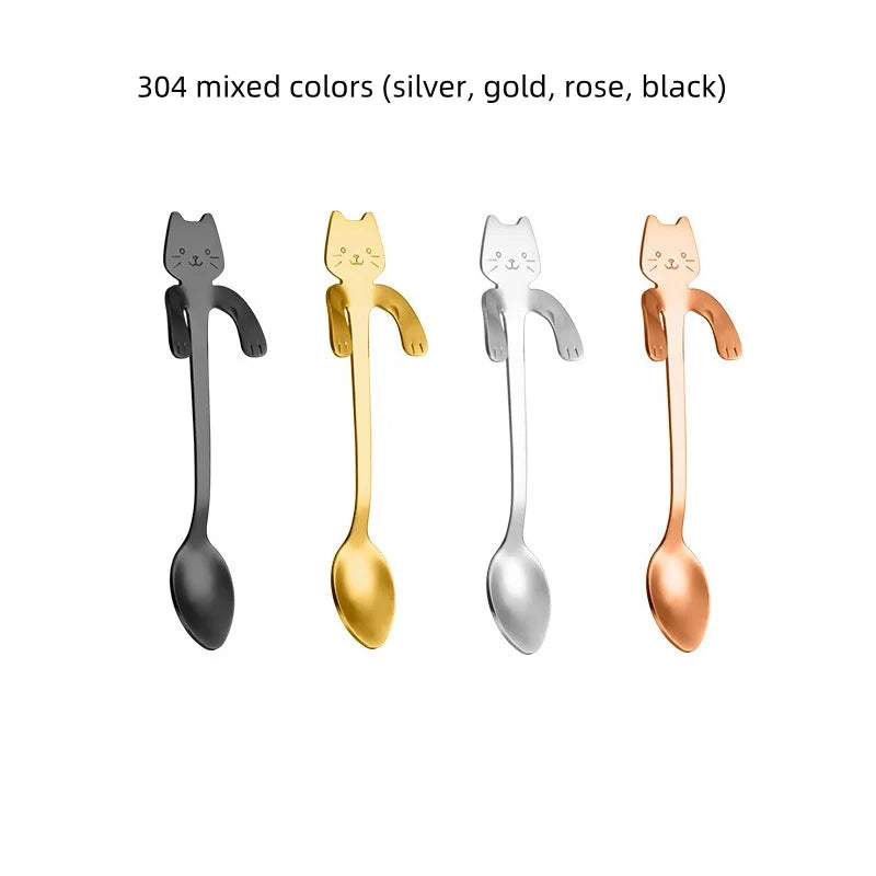 2/4PCS Set 304 Stainless Steel Cat Spoon Creative Cartoon Hanging Edge Spoon Cute Coffee Spoon Gold-plated Stirring Spoon